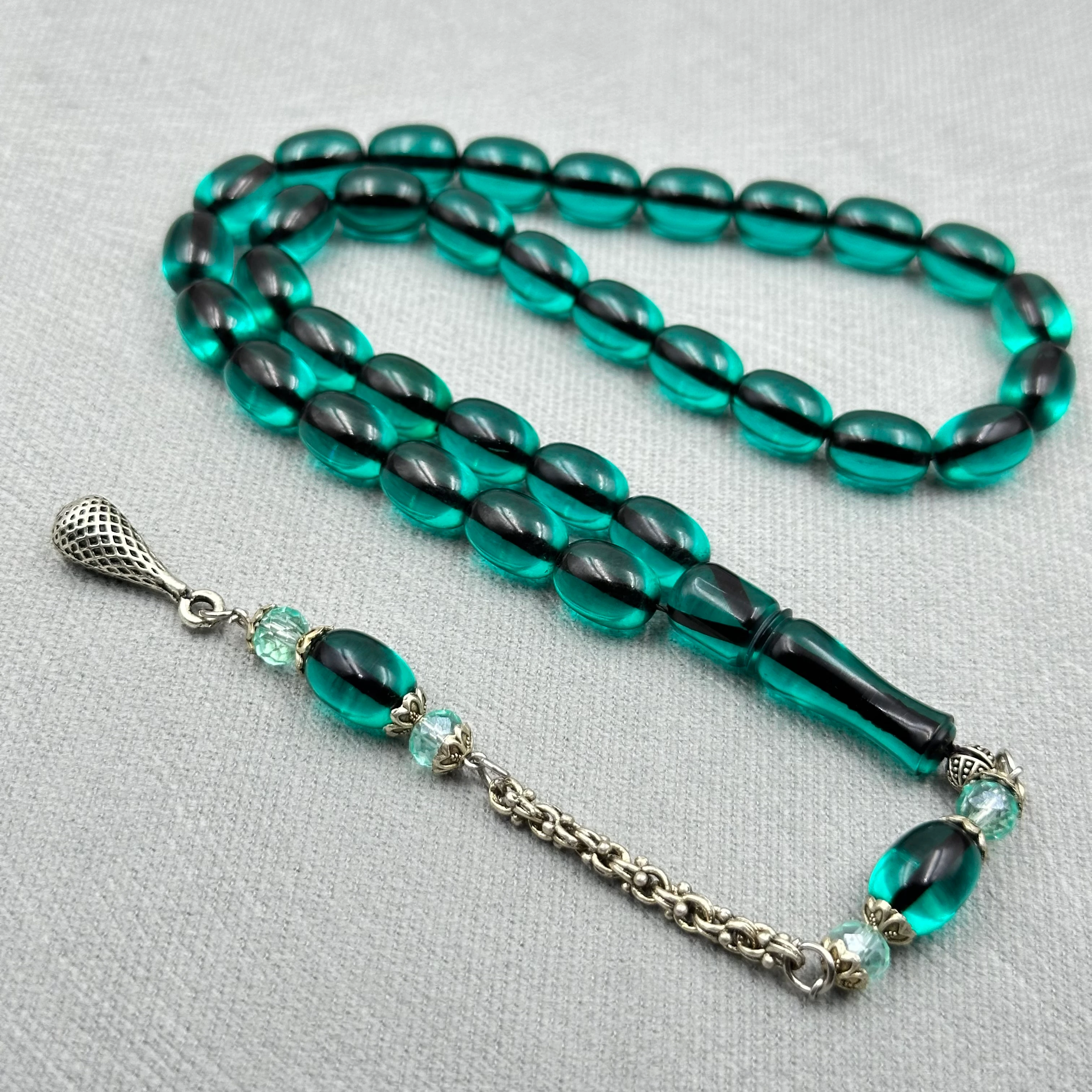 Alpaka Püsküllü Buğulu Hamur Yeşil Ateş Kehribar Tespih